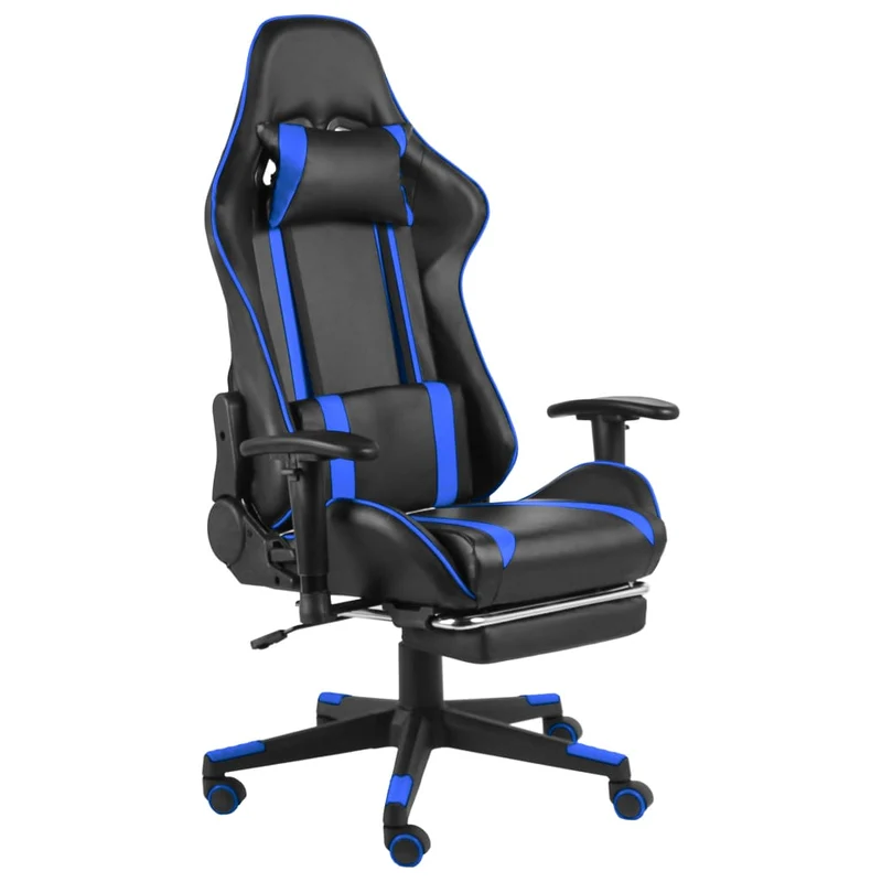 Fauteuil de bureau chaise gaming sur roulettes dossier inclinable pivotante avec repose-pieds en PVC bleu DEC026023