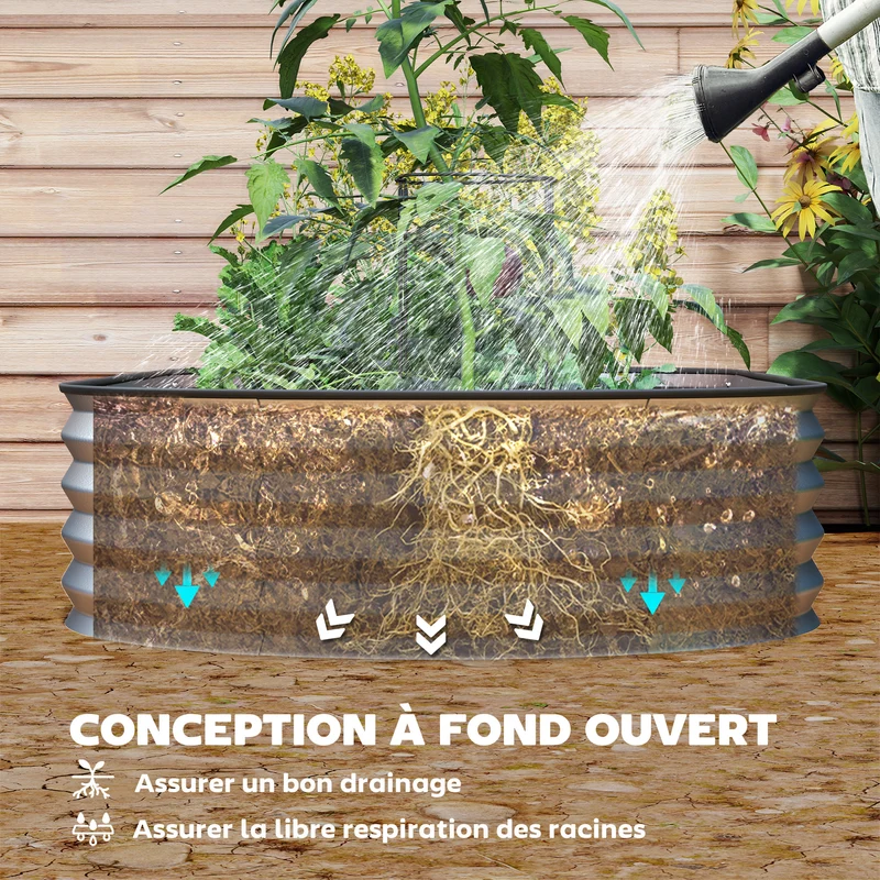 Jardinière surélevée carré potager 181 x 93 x 30 cm montage facile tuteur intégré design épuré en acier galvanisé argent 21_0005525