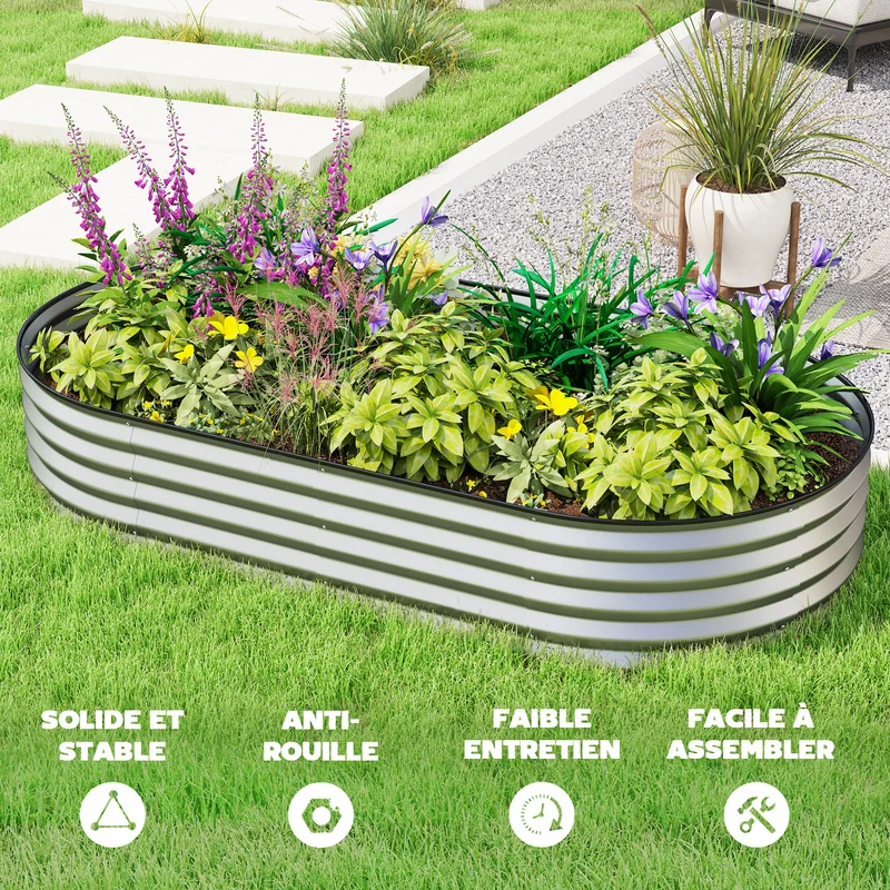 Jardinière surélevée carré potager 181 x 93 x 30 cm montage facile tuteur intégré design épuré en acier galvanisé argent 21_0005525