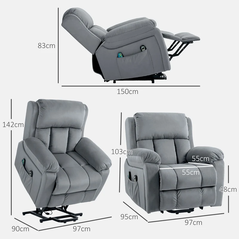 Fauteuil releveur électrique massage chauffage aide au lever 90 x 95 x 103 cm confortable contemporain en polyester gris 21_0000905