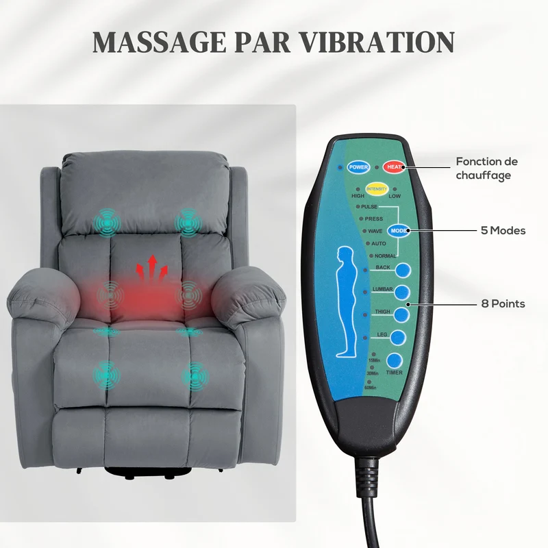 Fauteuil releveur électrique massage chauffage aide au lever 90 x 95 x 103 cm confortable contemporain en polyester gris 21_0000905