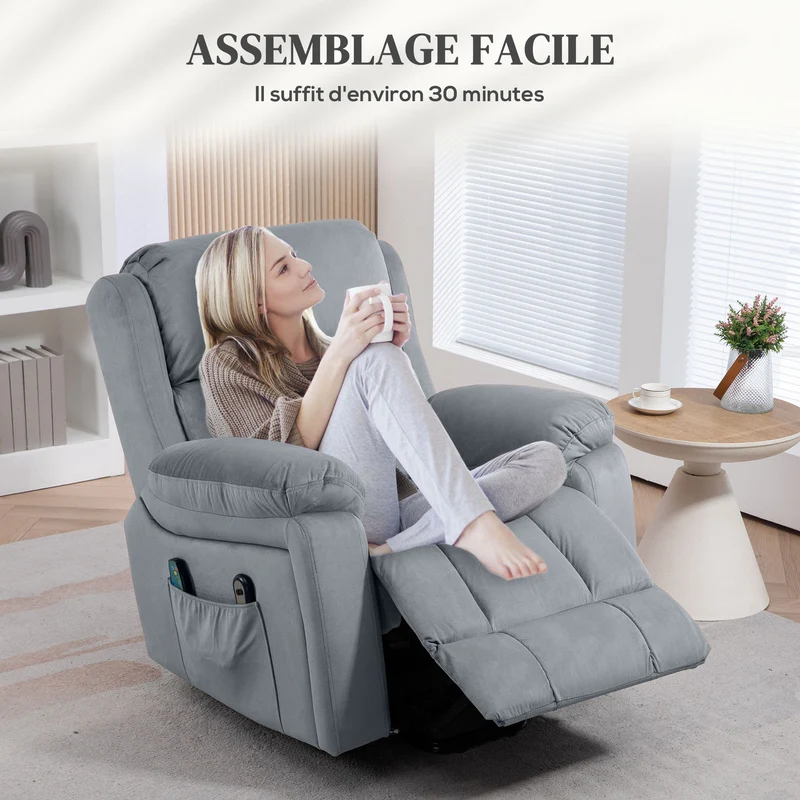Fauteuil releveur électrique massage chauffage aide au lever 90 x 95 x 103 cm confortable contemporain en polyester gris 21_0000905