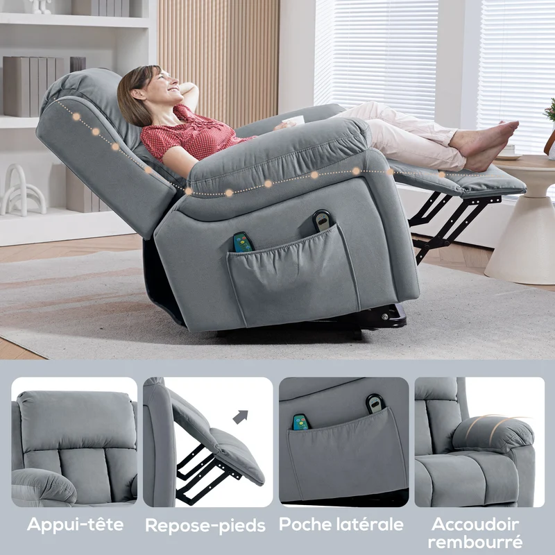 Fauteuil releveur électrique massage chauffage aide au lever 90 x 95 x 103 cm confortable contemporain en polyester gris 21_0000905