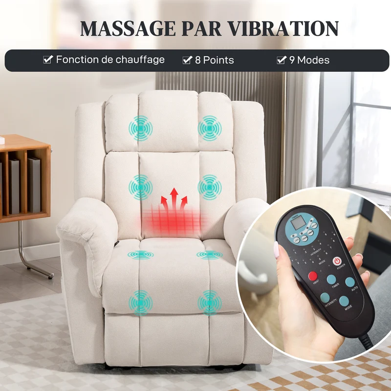 Fauteuil massant inclinable 85 x 91 x 104 cm chauffant huit points de massage moderne ambiance cosy en chenille beige 21_0000831