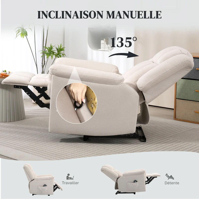 Fauteuil massant inclinable 85 x 91 x 104 cm chauffant huit points de massage moderne ambiance cosy en chenille beige 21_0000831