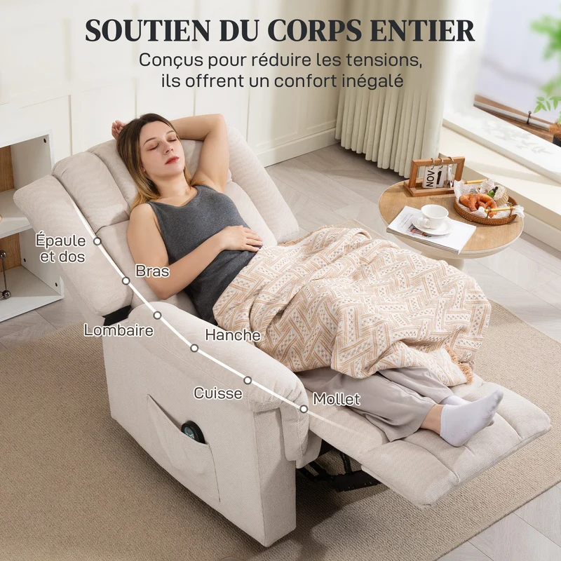 Fauteuil massant inclinable 85 x 91 x 104 cm chauffant huit points de massage moderne ambiance cosy en chenille beige 21_0000831