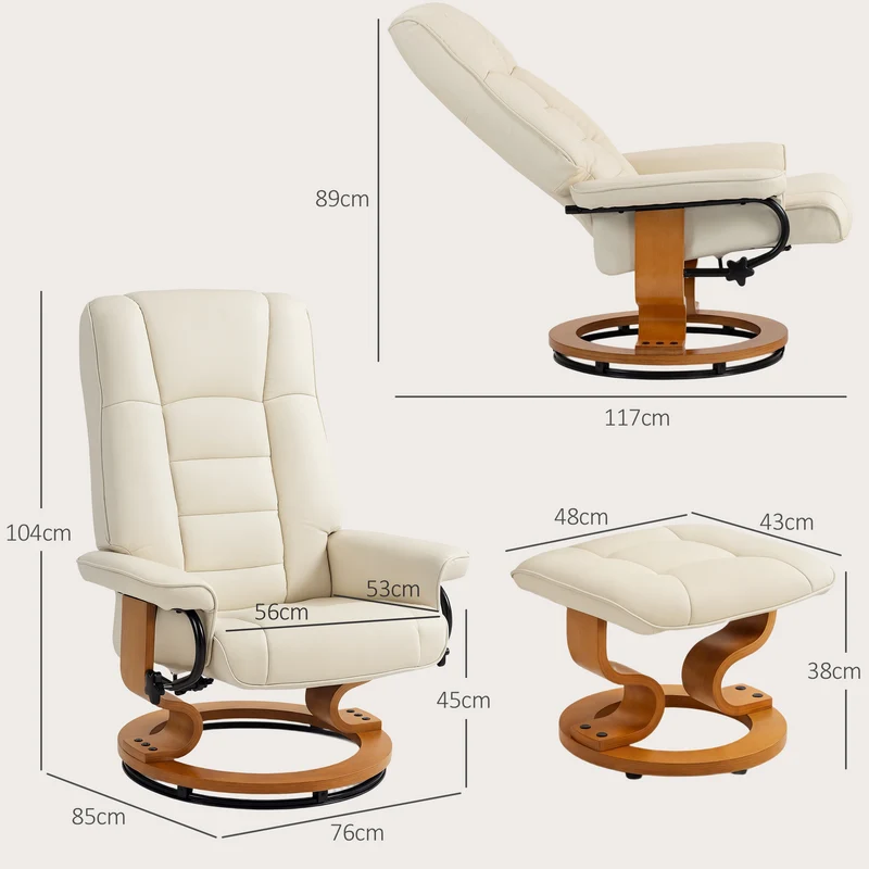 Fauteuil inclinable avec repose-pied 76 x 85 x 104 cm inclinaison 130° pivotant dossier moderne en synthétique crème 21_0003172