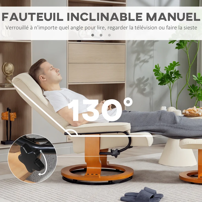 Fauteuil inclinable avec repose-pied 76 x 85 x 104 cm inclinaison 130° pivotant dossier moderne en synthétique crème 21_0003172