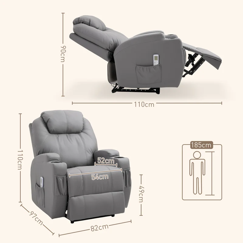 Fauteuil de massage inclinable électrique 82 x 97 x 110 cm siège ergonomique 8 points dossier réglable design en PU gris 21_0000803