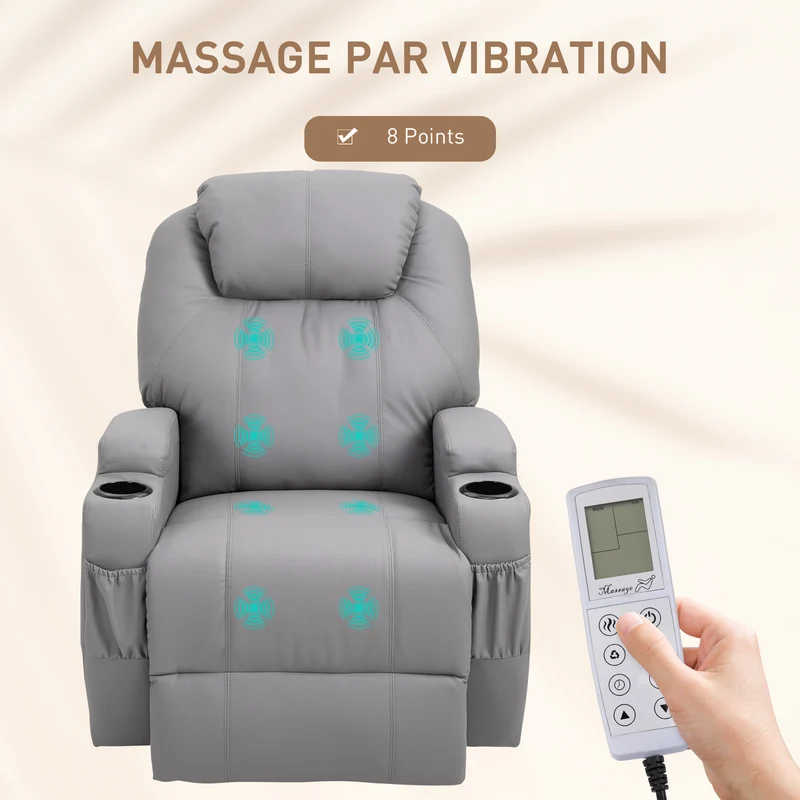 Fauteuil de massage inclinable électrique 82 x 97 x 110 cm siège ergonomique 8 points dossier réglable design en PU gris 21_0000803