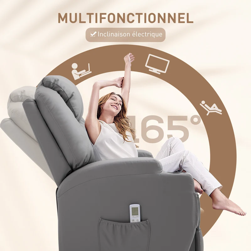 Fauteuil de massage inclinable électrique 82 x 97 x 110 cm siège ergonomique 8 points dossier réglable design en PU gris 21_0000803