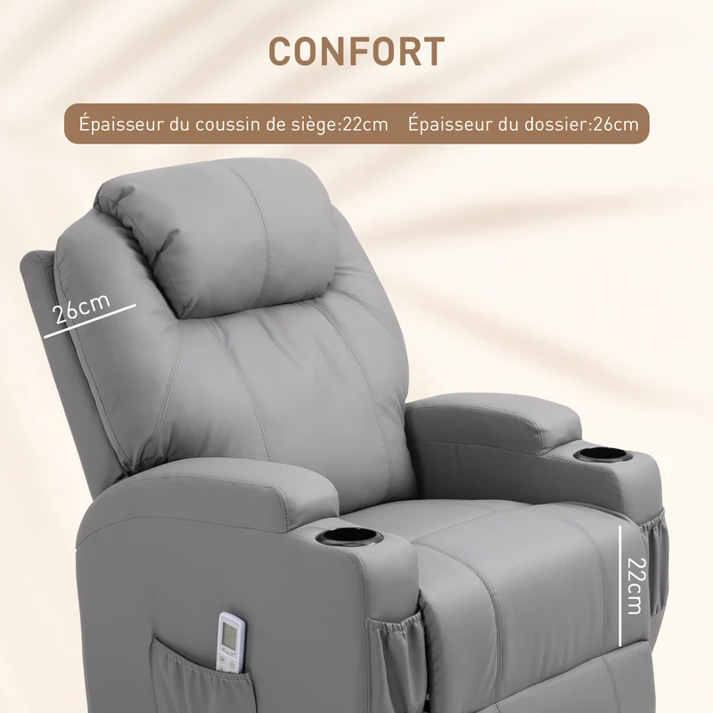 Fauteuil de massage inclinable électrique 82 x 97 x 110 cm siège ergonomique 8 points dossier réglable design en PU gris 21_0000803