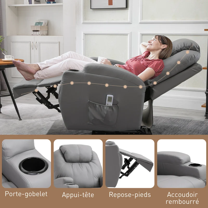 Fauteuil de massage inclinable électrique 82 x 97 x 110 cm siège ergonomique 8 points dossier réglable design en PU gris 21_0000803