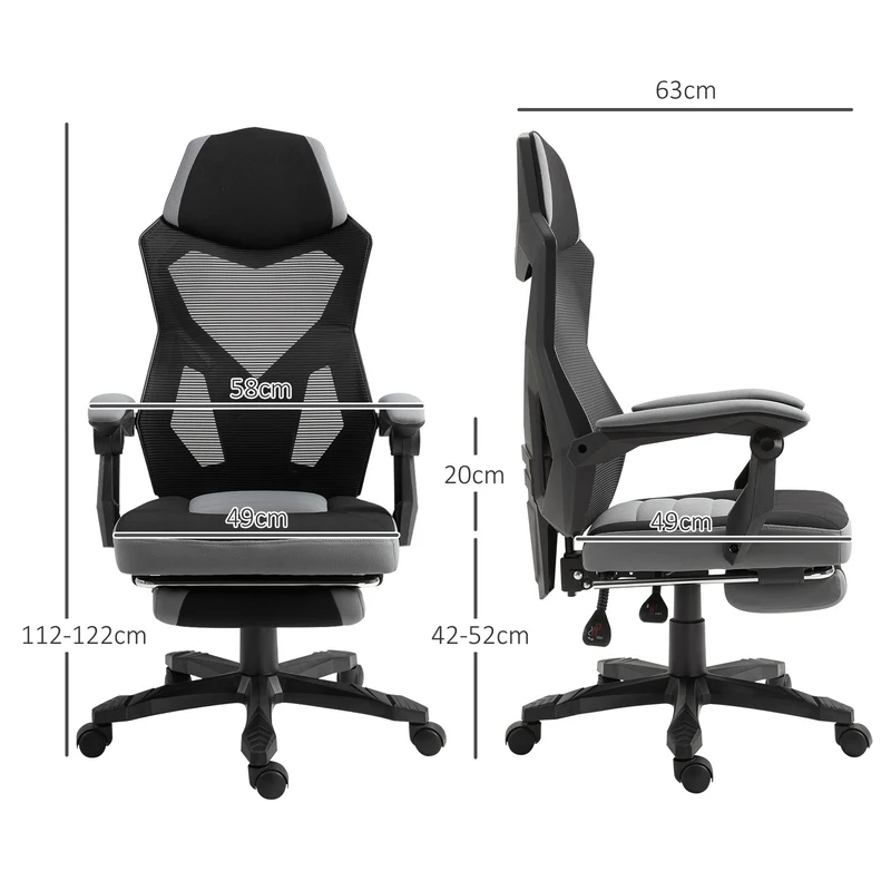 Fauteuil de bureau jeux et travail 58 x 63 x 112-122 cm assise réglable repose-pied rétractable moderne en tissu gris 21_0006175