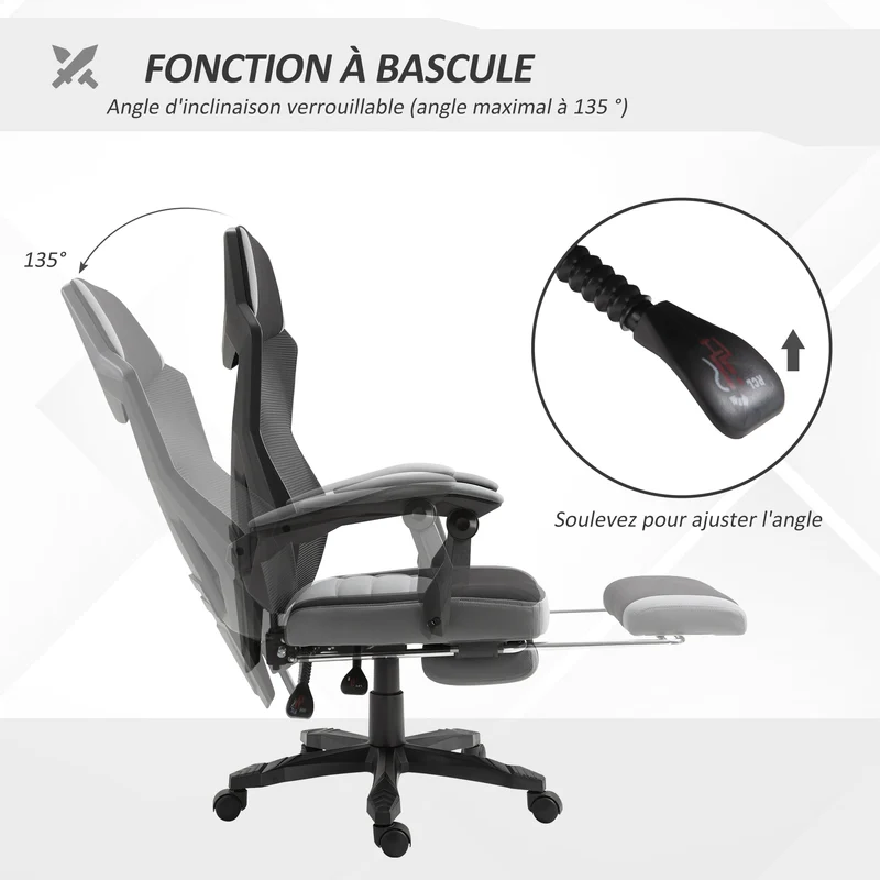 Fauteuil de bureau jeux et travail 58 x 63 x 112-122 cm assise réglable repose-pied rétractable moderne en tissu gris 21_0006175