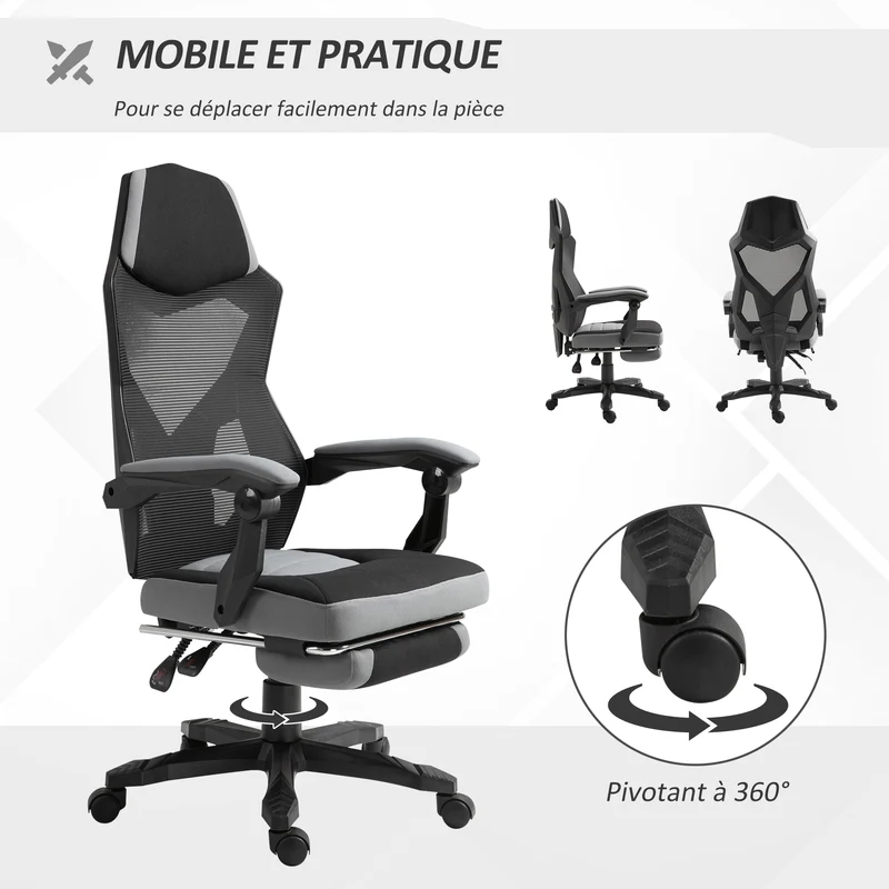 Fauteuil de bureau jeux et travail 58 x 63 x 112-122 cm assise réglable repose-pied rétractable moderne en tissu gris 21_0006175