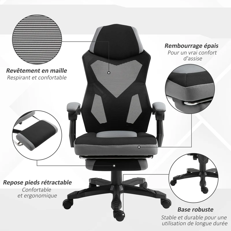 Fauteuil de bureau jeux et travail 58 x 63 x 112-122 cm assise réglable repose-pied rétractable moderne en tissu gris 21_0006175
