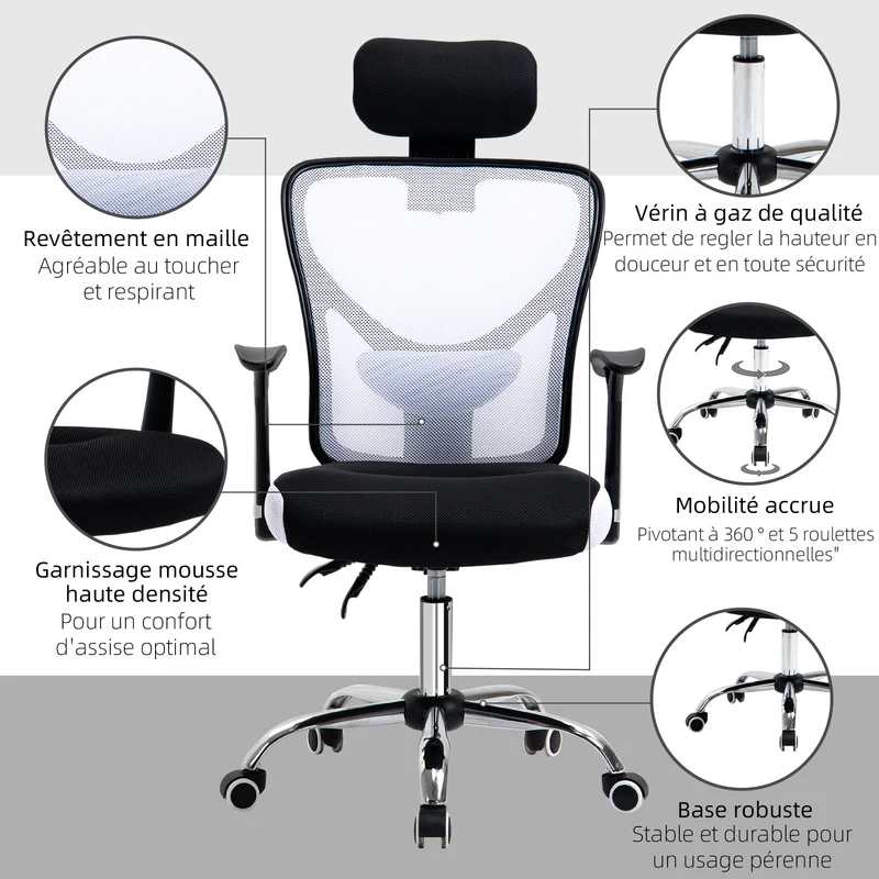 Fauteuil de bureau ergonomique dossier inclinable 62 x 67 x 108-118 cm hauteur réglable moderne épuré en polyester noir 21_0006210