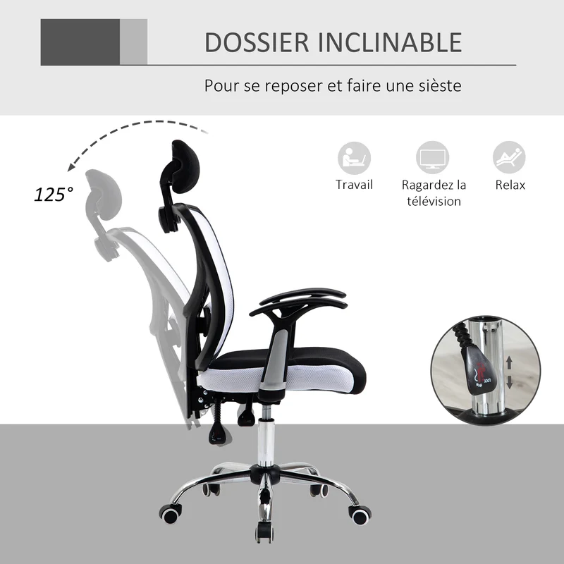 Fauteuil de bureau ergonomique dossier inclinable 62 x 67 x 108-118 cm hauteur réglable moderne épuré en polyester noir 21_0006210