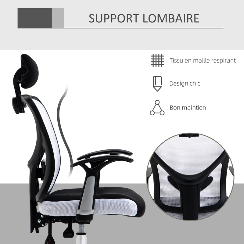 Fauteuil de bureau ergonomique dossier inclinable 62 x 67 x 108-118 cm hauteur réglable moderne épuré en polyester noir 21_0006210