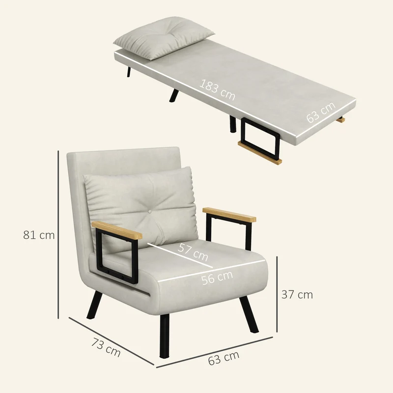 Fauteuil convertible une place 63 x 73 x 81 cm dossier 5 positions assise rembourrée moderne en tissu velours crème 21_0003135