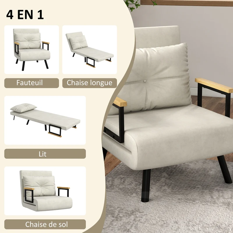 Fauteuil convertible une place 63 x 73 x 81 cm dossier 5 positions assise rembourrée moderne en tissu velours crème 21_0003135