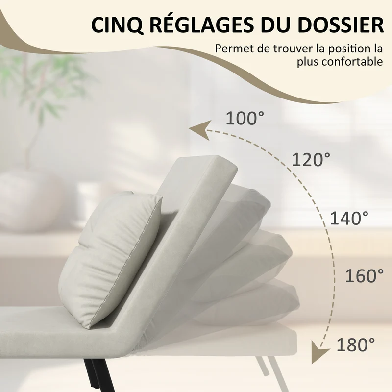 Fauteuil convertible une place 63 x 73 x 81 cm dossier 5 positions assise rembourrée moderne en tissu velours crème 21_0003135