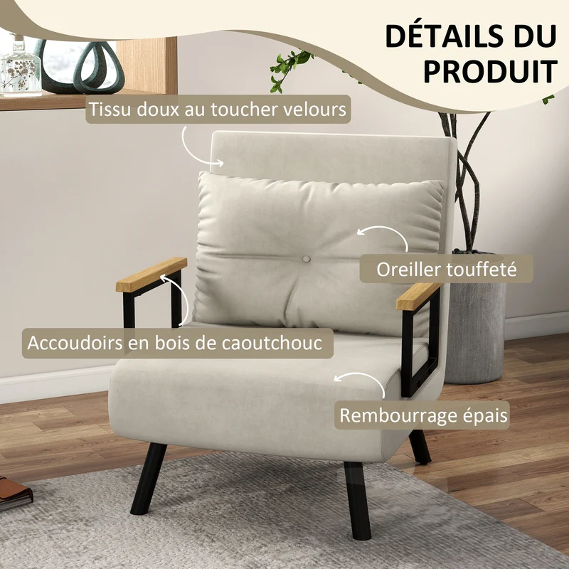 Fauteuil convertible une place 63 x 73 x 81 cm dossier 5 positions assise rembourrée moderne en tissu velours crème 21_0003135