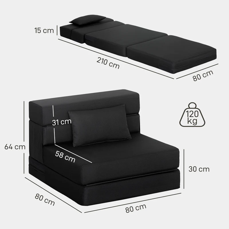 Fauteuil convertible 1 place lit pliant 210 x 80 x 15 cm coussin inclus gain de place moderne épuré en polyester noir 21_0003502