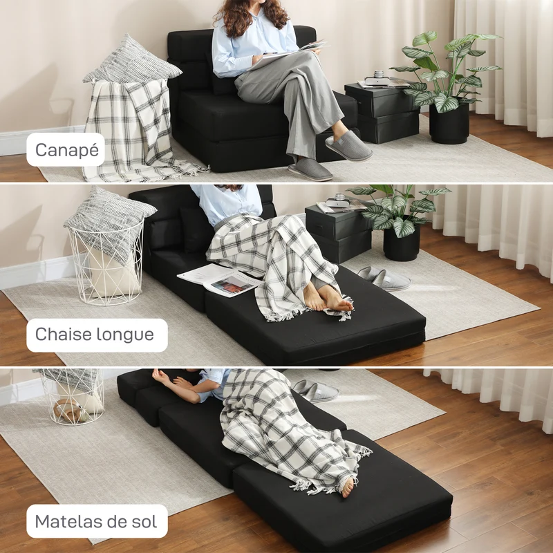 Fauteuil convertible 1 place lit pliant 210 x 80 x 15 cm coussin inclus gain de place moderne épuré en polyester noir 21_0003502