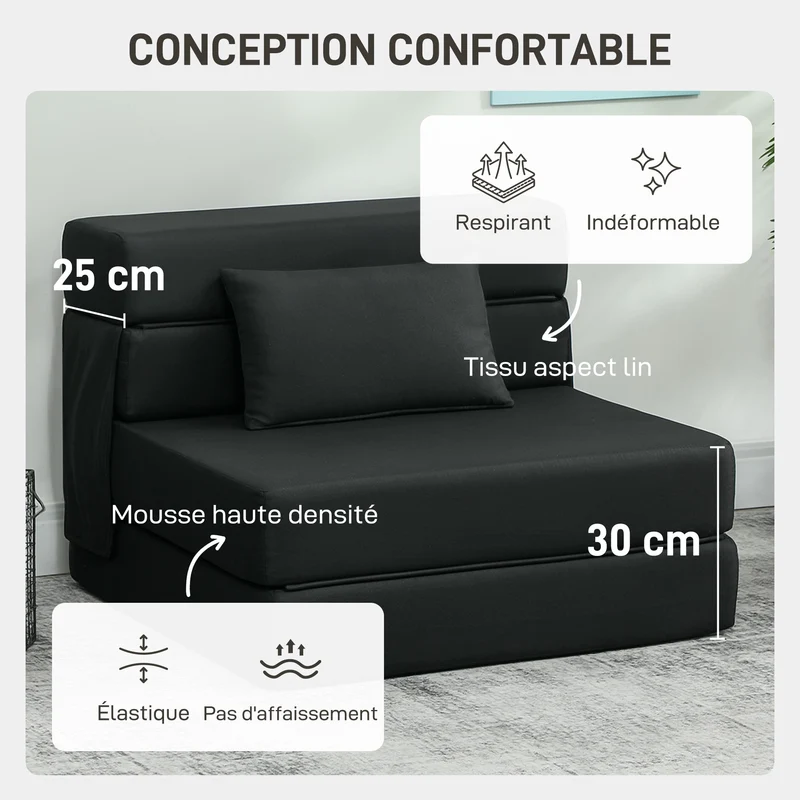 Fauteuil convertible 1 place lit pliant 210 x 80 x 15 cm coussin inclus gain de place moderne épuré en polyester noir 21_0003502