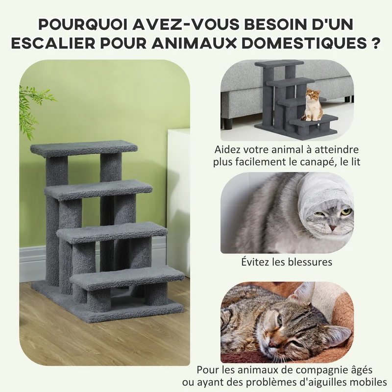 Escalier pour animaux canapés 61 x 41 x 60 cm aide mobilité confort moelleux moderne cosy en bois d'ingénierie gris 21_0007609
