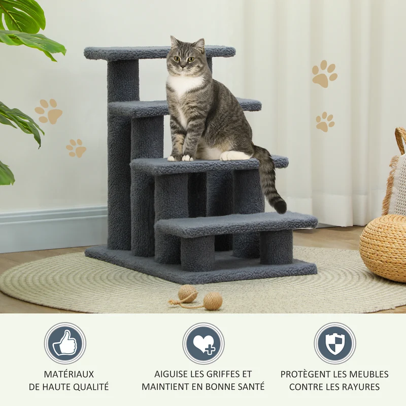 Escalier pour animaux canapés 61 x 41 x 60 cm aide mobilité confort moelleux moderne cosy en bois d'ingénierie gris 21_0007609