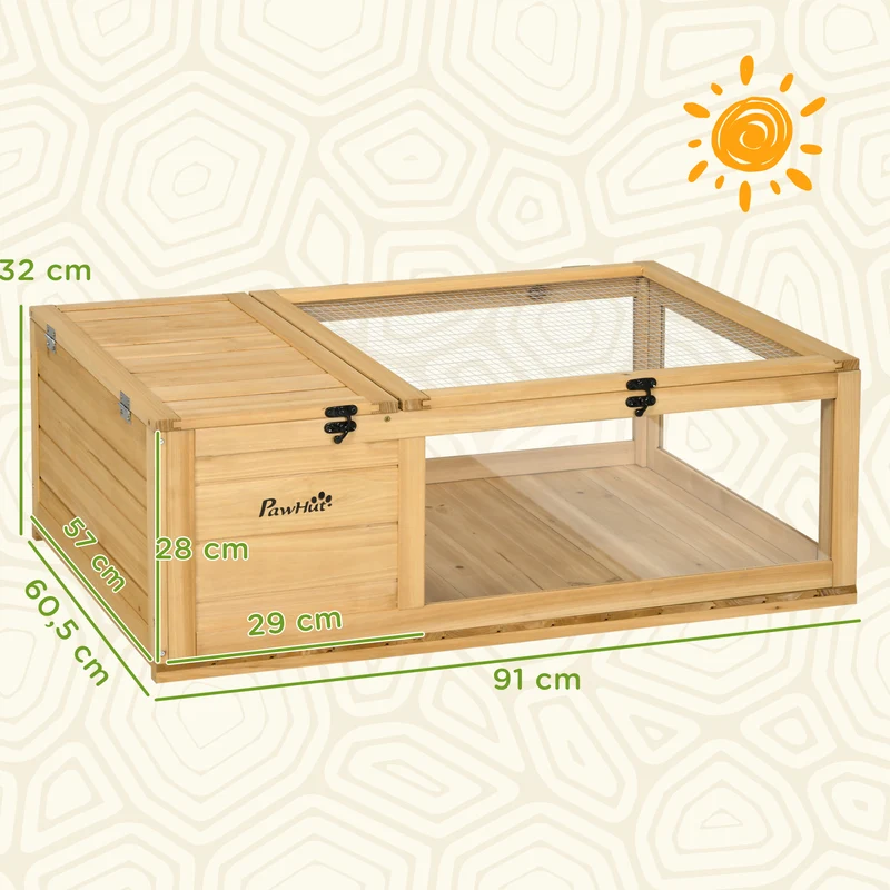 Enclos pour tortue double espace 91 x 60,5 x 32 cm niche fermée et zone grillagée contemporain épuré en bois jaune clair 21_0007827