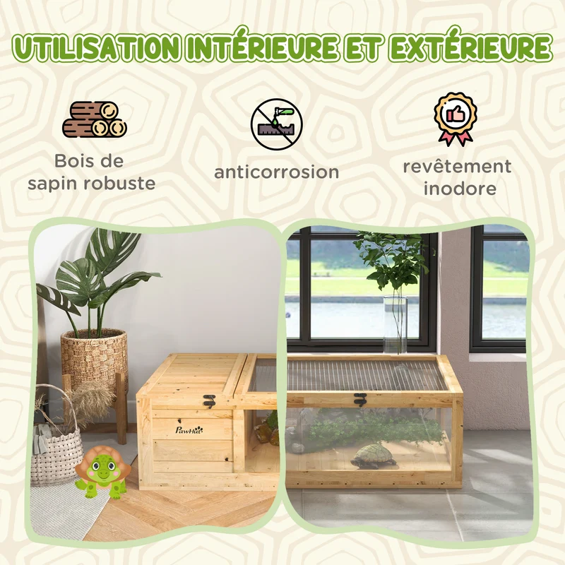 Enclos pour tortue double espace 91 x 60,5 x 32 cm niche fermée et zone grillagée contemporain épuré en bois jaune clair 21_0007827