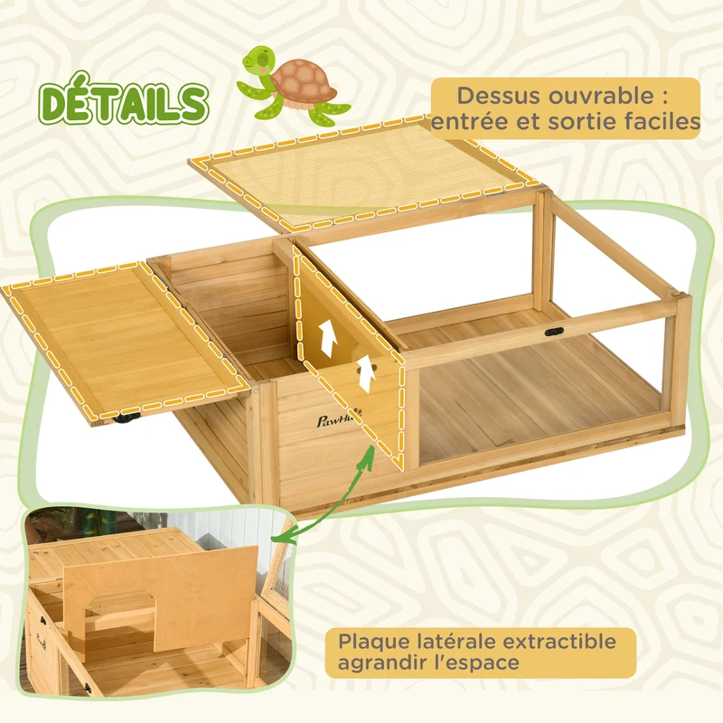 Enclos pour tortue double espace 91 x 60,5 x 32 cm niche fermée et zone grillagée contemporain épuré en bois jaune clair 21_0007827