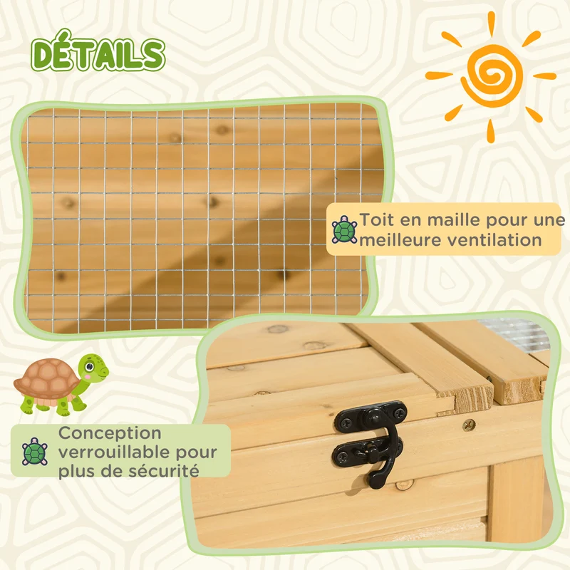 Enclos pour tortue double espace 91 x 60,5 x 32 cm niche fermée et zone grillagée contemporain épuré en bois jaune clair 21_0007827