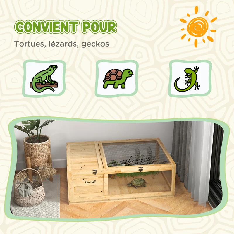 Enclos pour tortue double espace 91 x 60,5 x 32 cm niche fermée et zone grillagée contemporain épuré en bois jaune clair 21_0007827