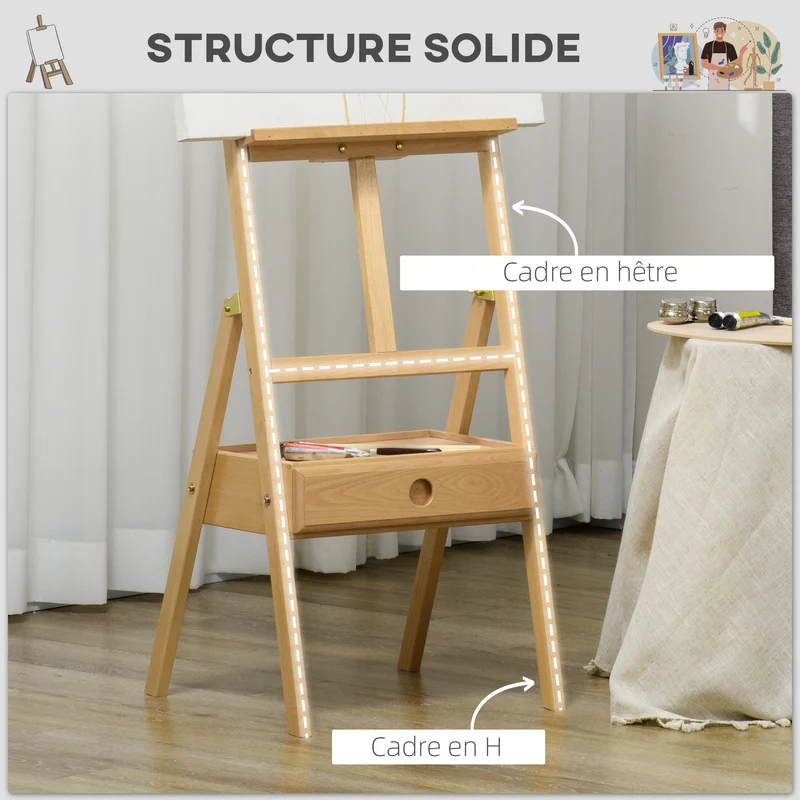 Chevalet d'atelier sur pied réglable 43.5 x 43 x 190 cm tiroir rangement stabilité maximale scandinave en bois naturel 21_0006109