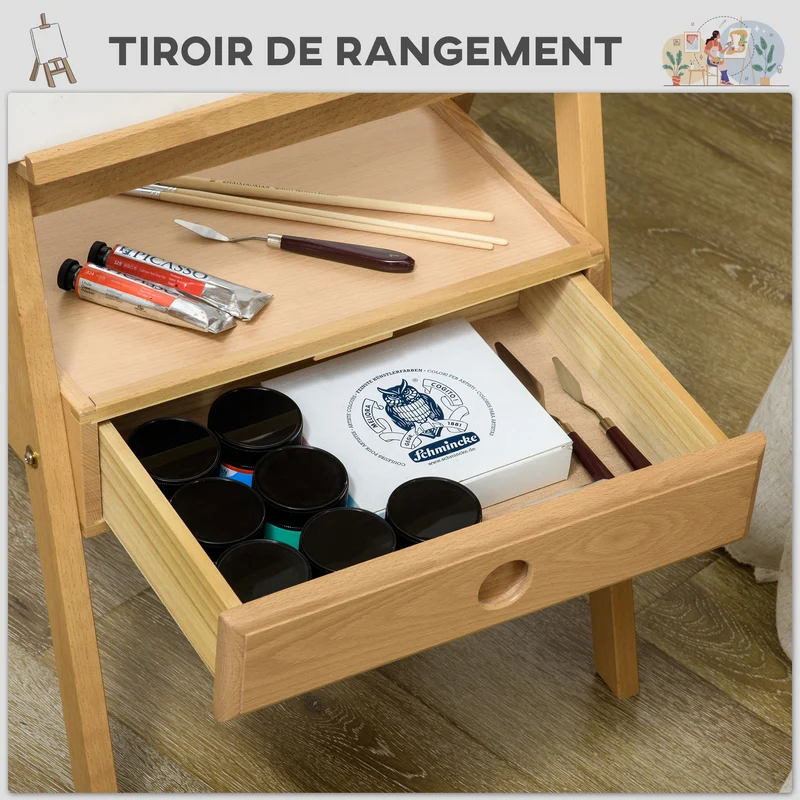 Chevalet d'atelier sur pied réglable 43.5 x 43 x 190 cm tiroir rangement stabilité maximale scandinave en bois naturel 21_0006109