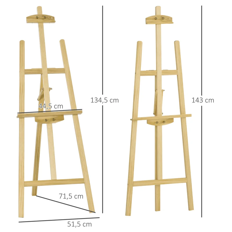 Chevalet d'artiste trépied 51,5 x 71,5 x 134,5 cm inclinaison 75° stable pour exposition classique en bois de pin naturel 21_0006101