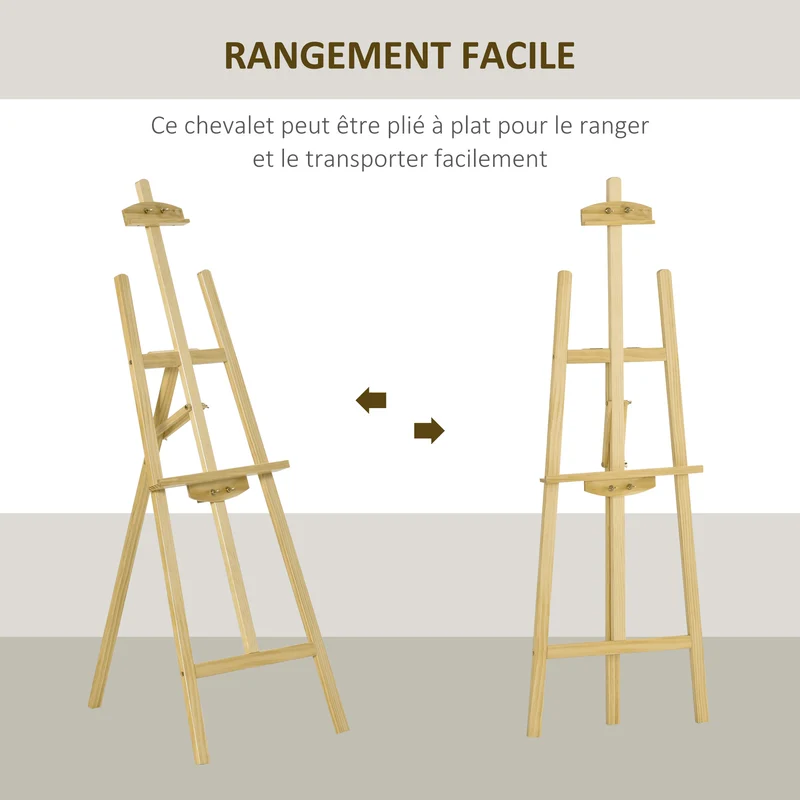 Chevalet d'artiste trépied 51,5 x 71,5 x 134,5 cm inclinaison 75° stable pour exposition classique en bois de pin naturel 21_0006101