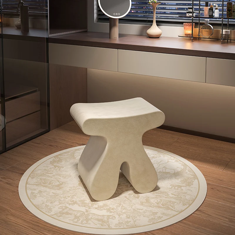 Modern Minimalist Plywood & Velvet Sculptural Rounded Low Stool For Bedroom