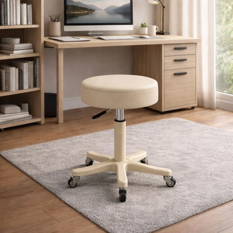 Modern Minimalist PU Leather PP Nylon Round Stool With Adjustable Height, Swivel & Wheels For Living Room & Bedroom