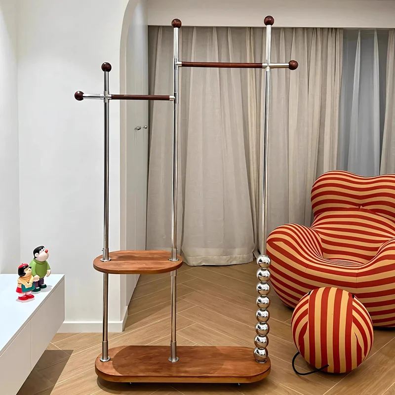 Modern Minimalist Stainless Steel/Carbon Steel & Plywood Oval Freestanding Hall Tree With Double Hanging Bars For Bedroom