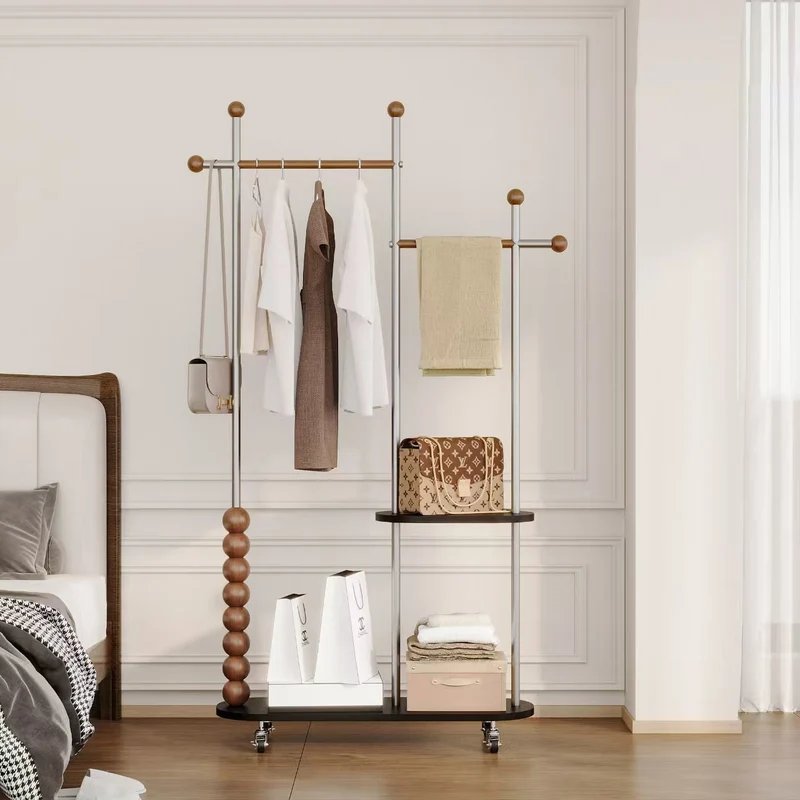 Modern Minimalist Stainless Steel/Carbon Steel & Plywood Oval Freestanding Hall Tree With Double Hanging Bars For Bedroom