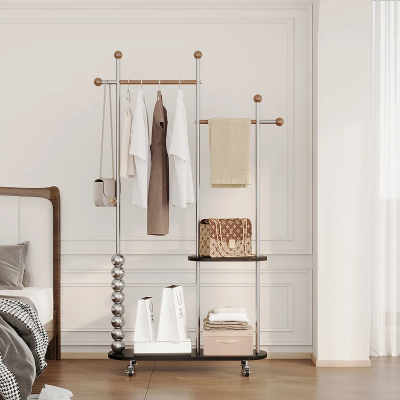 Modern Minimalist Stainless Steel/Carbon Steel & Plywood Oval Freestanding Hall Tree With Double Hanging Bars For Bedroom