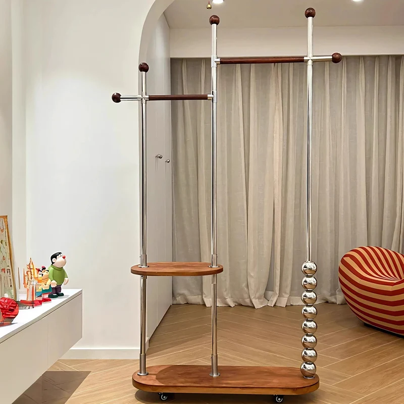 Modern Minimalist Stainless Steel/Carbon Steel & Plywood Oval Freestanding Hall Tree With Double Hanging Bars For Bedroom