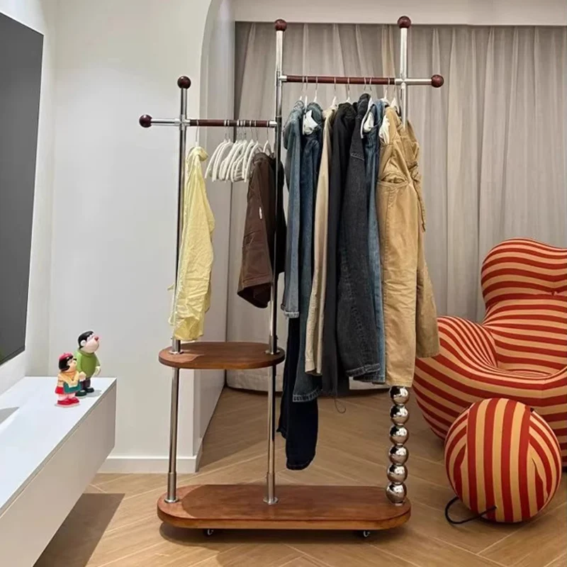 Modern Minimalist Stainless Steel/Carbon Steel & Plywood Oval Freestanding Hall Tree With Double Hanging Bars For Bedroom
