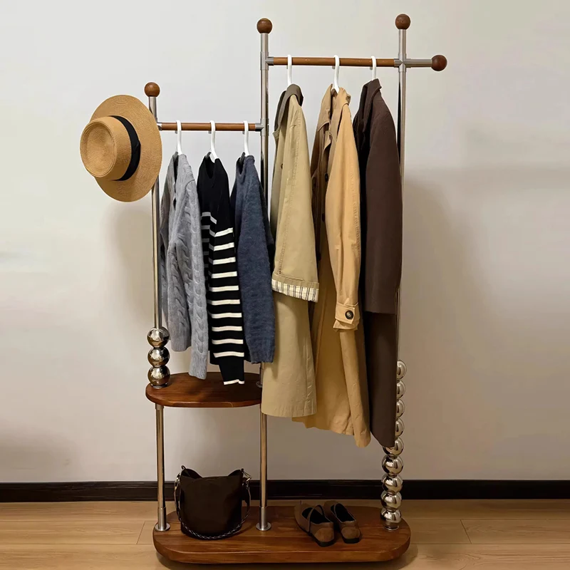 Modern Minimalist Stainless Steel/Carbon Steel & Plywood Oval Freestanding Hall Tree With Double Hanging Bars For Bedroom